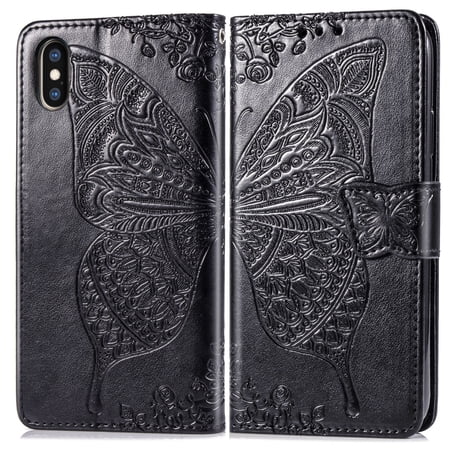 iPhone Xr Case, iPhone Xr Wallet Folio Case Magnetic Closure RFID Blocking Card Slots Kickstand Shockproof Absorption Double Protection Case for Apple iPhone Xr, Black