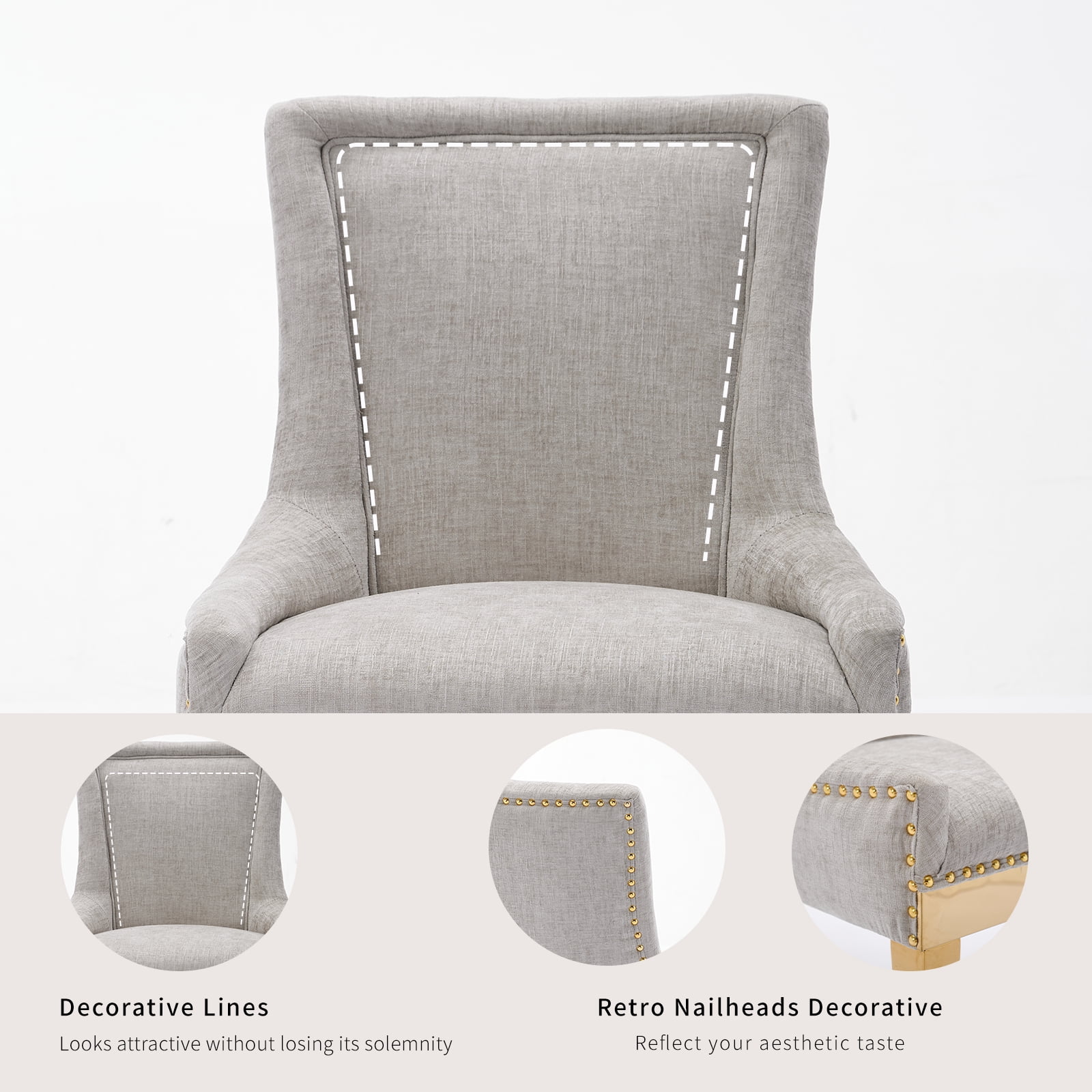 Dining Chairs Set of 8, Kitchen & Dining Room Chairs, Chenille Fabric Upholstered Dinning Chairs, Sillas De Comedor, Nailhead Trim, Metal Legs (Beige, 8 Pcs)