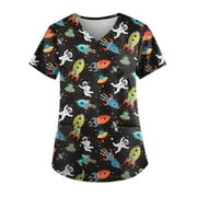 ADSSDQ Comfort Stretch 2-Pocket Scrub Top for Women,Plus Size V Neck Summer Nurse Uniforms,Womens Working Nurse Tops Scrubs Black 4XL