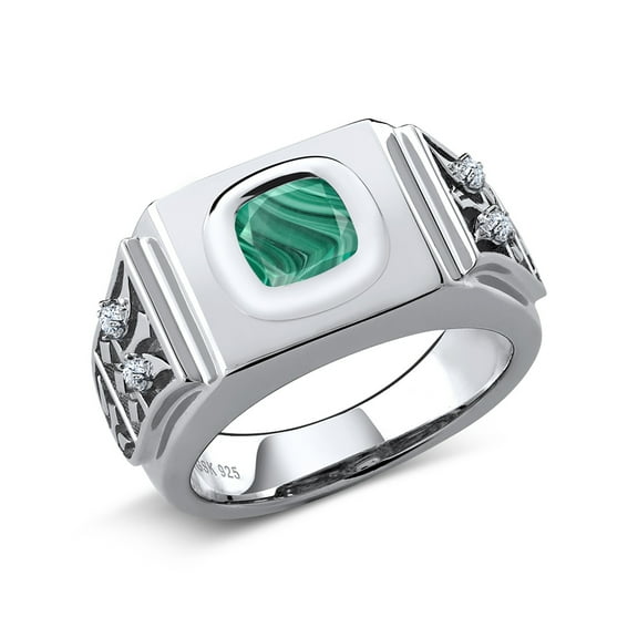 Gem Stone King 3.04 Ct Cushion Green Malachite 925 Sterling Silver Men's Ring (Size 9)