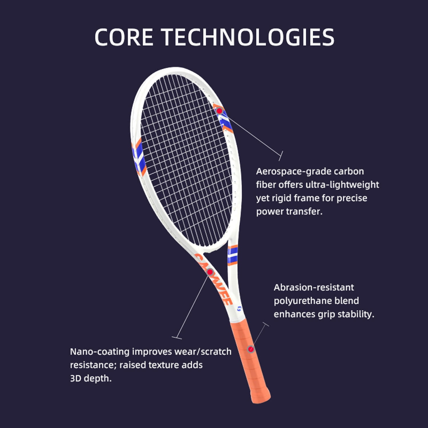 SALYWEE POWER 2.0 Adult Tennis Racket - Carbon Fiber Composite, 16×19 Strung Pattern, Simple & Elegant Design, Free Bag Included