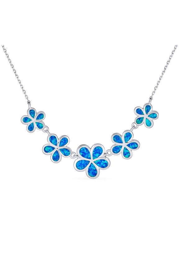 Womens Statement Created Blue Opal Plumeria Hawaiian Flower Collar Necklace .925 Sterling Silver