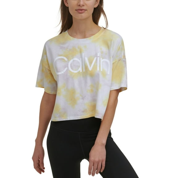 Calvin Klein Womens Performance Cropped Tie-Dyed T-Shirt,Kensignton Daffodil,X-Small