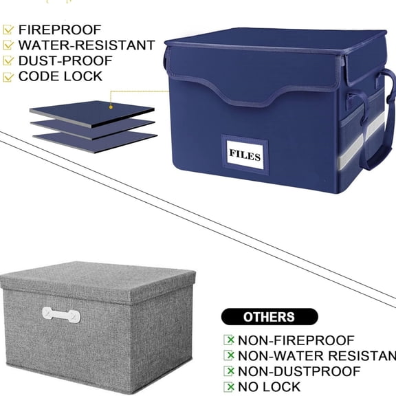 Fireproof Document Box with Lock, File Storage Organizer with Mesh Pockets, Collapsible Portable File Box Home Office Safe Filing Cabinet with Handle for Hanging Letter/Legal Folder, Blue