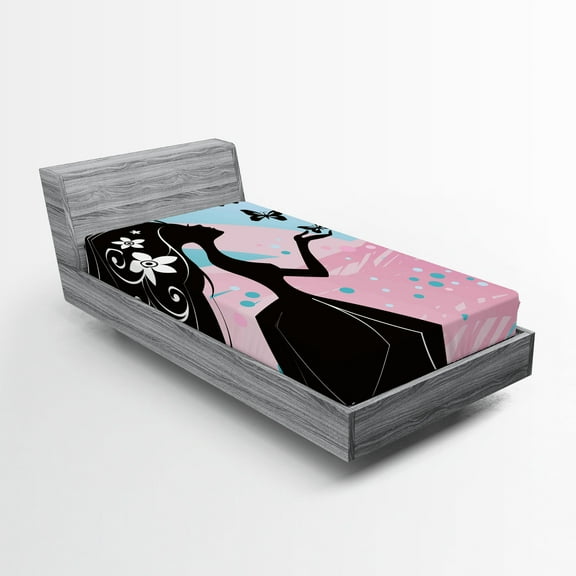 Ambesonne Nature Fitted Sheet, Butterfly Floral Head, Twin XL Size, Black Pale Pink Sky Blue