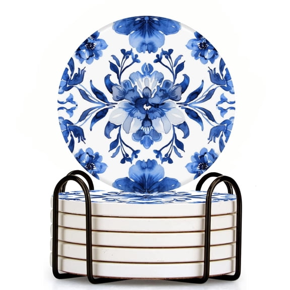 Blue And White Pattern Set of 6 Ceramic Coasters with Holder, Absorbent Drink Bar Coasters, Table Coasters for Living Room Decor Tabletop Protection