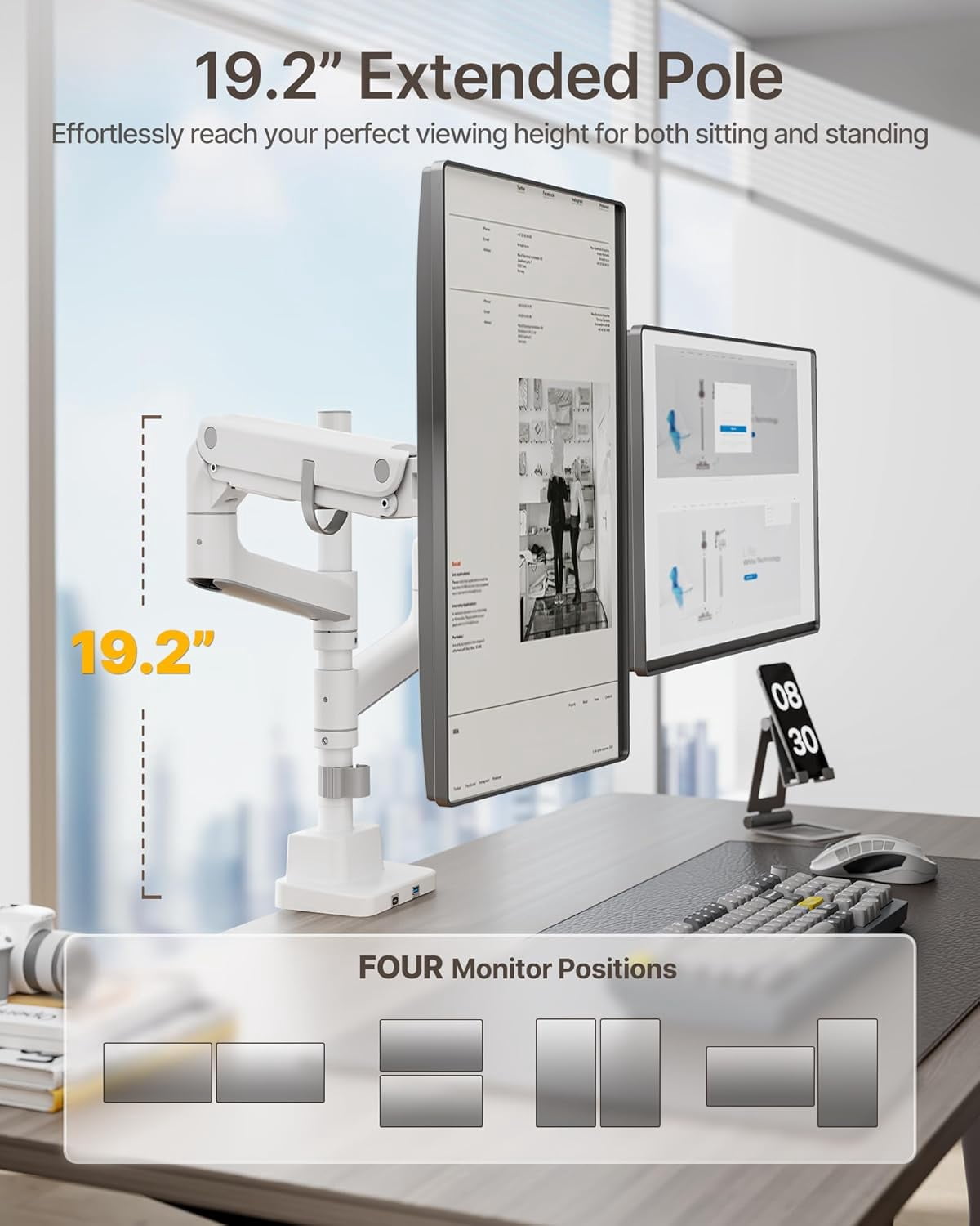 monTEK Dual Monitor Arm for 17–57 in Ultrawide Screens, Vertical Stackable Gas Spring Desk Mount Holds 59.4 lb per Screen, Adjustable Tilt Swivel Rotation, VESA 75x75/100x100, Clamp & Grommet, White