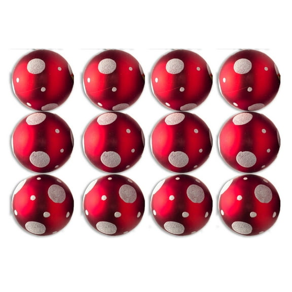 12 Pack of Matte Red Ball Ornaments with White Glitter Polka Dots