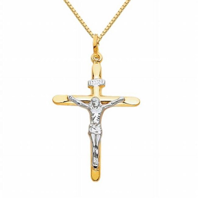 Precious Stars Jewelry 14k Two-tone Gold Crucifix Religious Pendant with 1-mm Box Chain