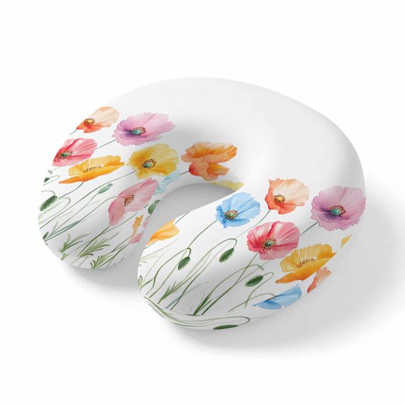 Neck Pillow Ergonomic Memory Foam U Shaped Pillows,Watercolor Pink Yellow Flowers Soft Portable Neck Head Support Cushion Pillow for Travel Airplane Car Office Use,Country Floral Art