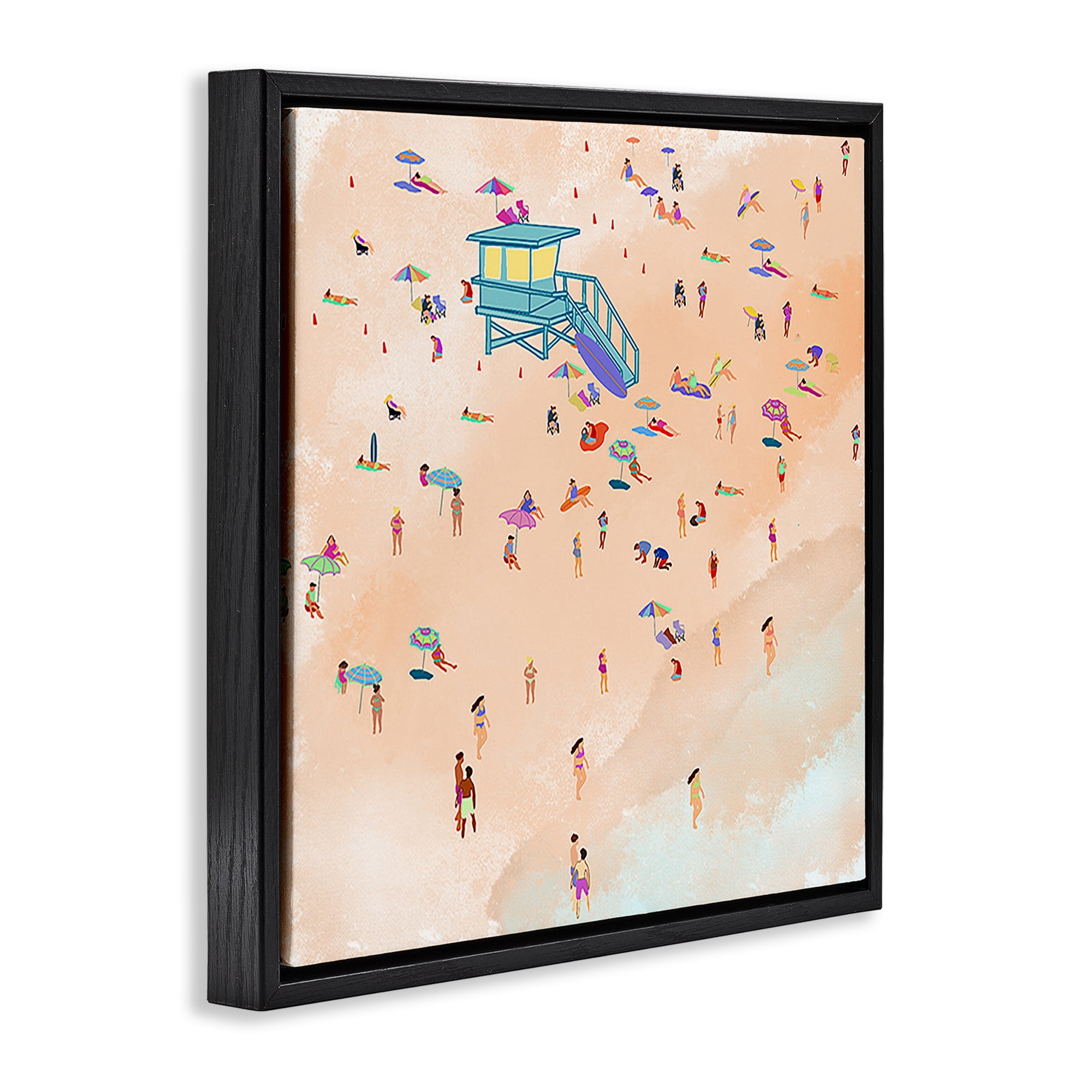Stupell Industries Scatted Summer Beachgoers People Painting Black Floater Framed Canvas Art Print Wall Art, 25 x 25