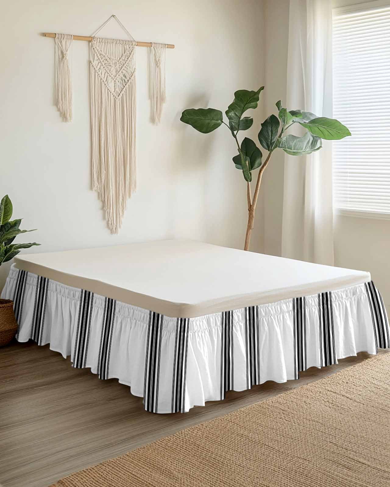 Black White Stripe, Wrap Around Bed Skirts for California King Bed 18" Drop, Bed Skirt with Adjustable Elastic Belt Dust Ruffle Bed Valance for Bedroom Hotel Luxury Abstract Geometric Bed Frame Cover