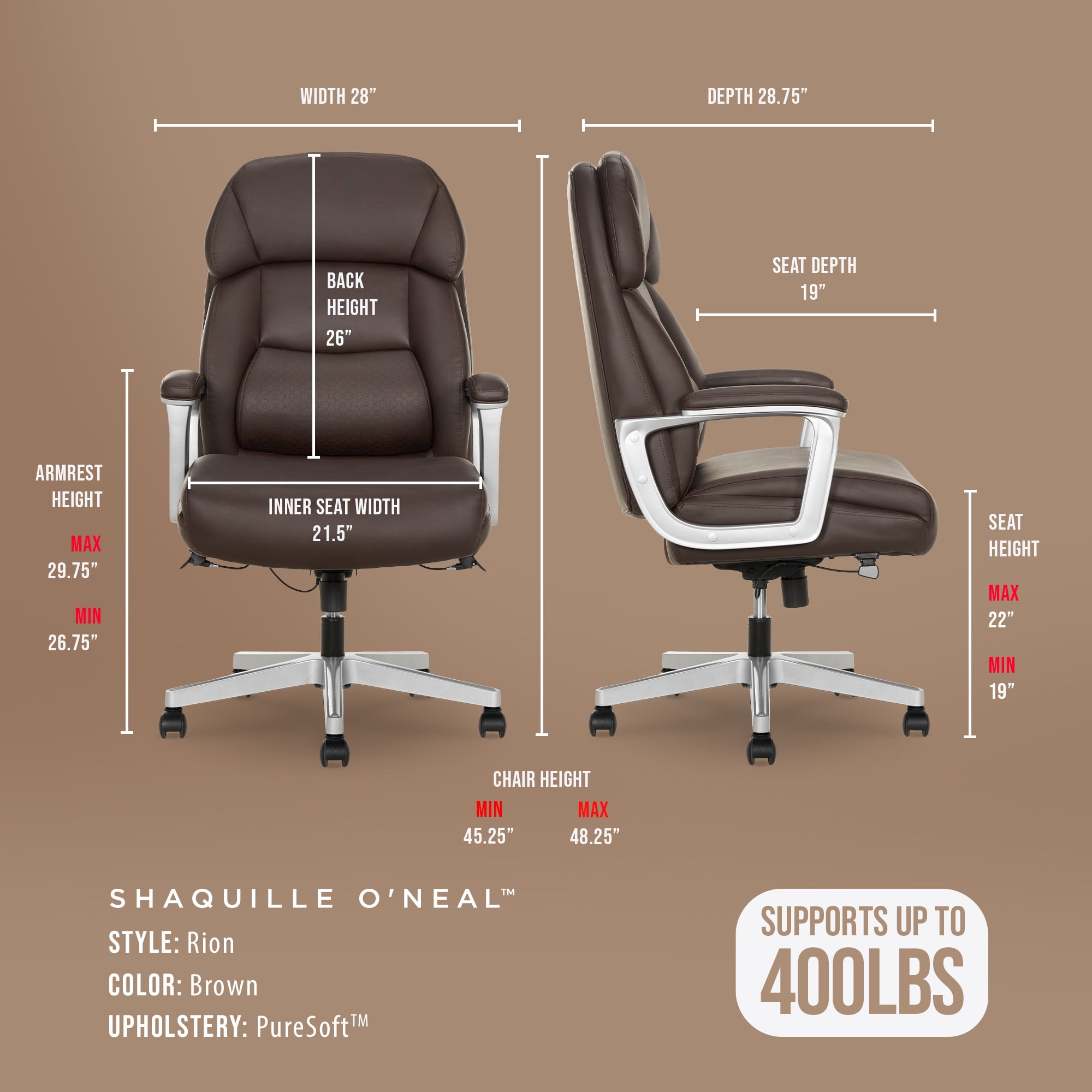 Shaquille O'Neal Rion Ergonomic Heavy-Duty Office Chair, PureSoft Upholstery, High-Back Desk Chair with 400 lb Capacity, Brown