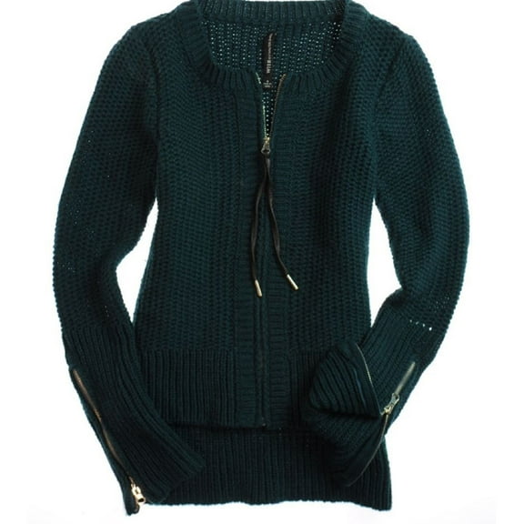 W118 Womens Full Zip Front Cable Knit Sweater, Green, Small