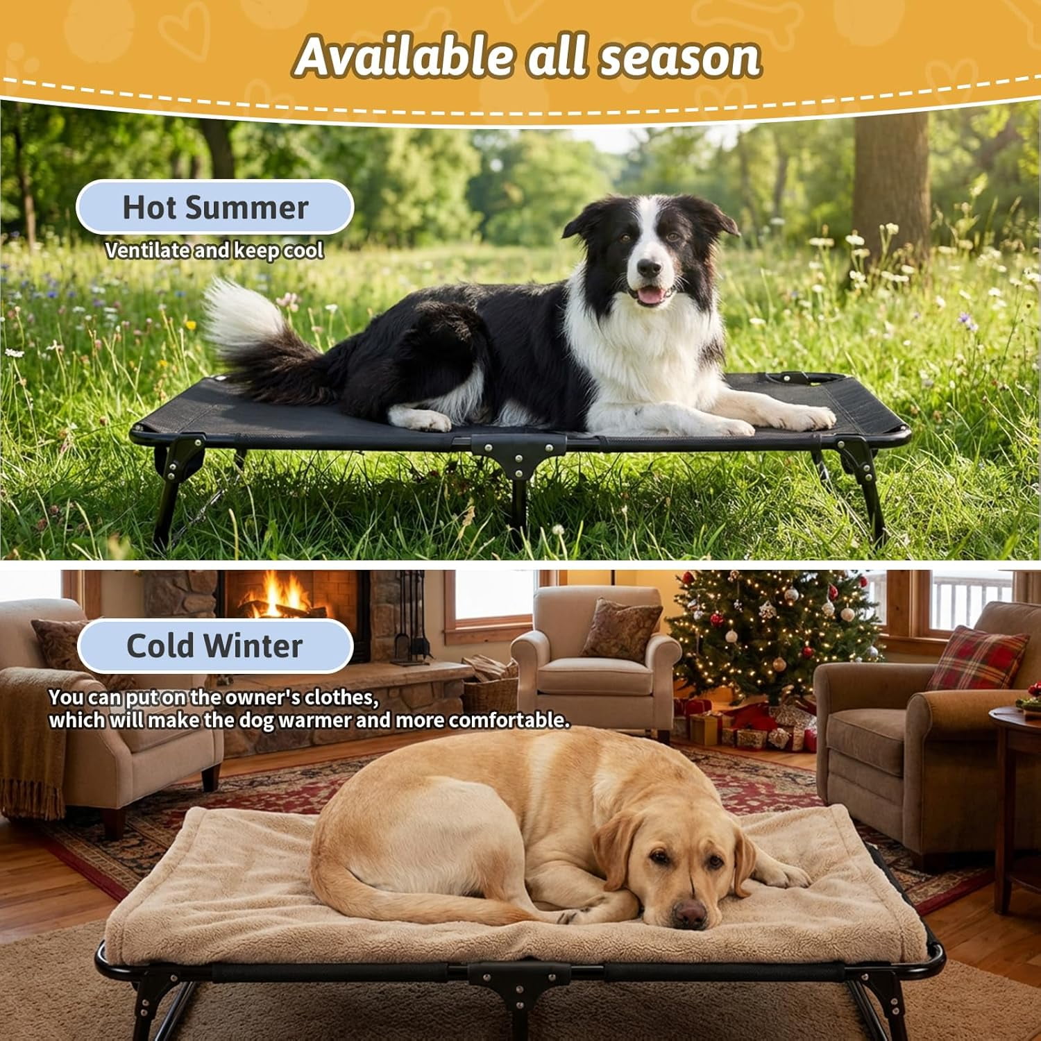 Foldable Elevated Dog Bed for Large Pet, No-Assembly-Need Folding Raised Dog Bed, Waterproof Outdoor Dogs Cot Cooling Pet Hammock Beds with Breathable Mesh, Chew-Proof, Black