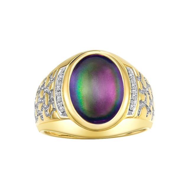 RYLOS Men's Rings 14K Yellow Gold Nugget Ring with Cabochon Gemstone & Diamonds Alexandrite Rings For Men Size 13