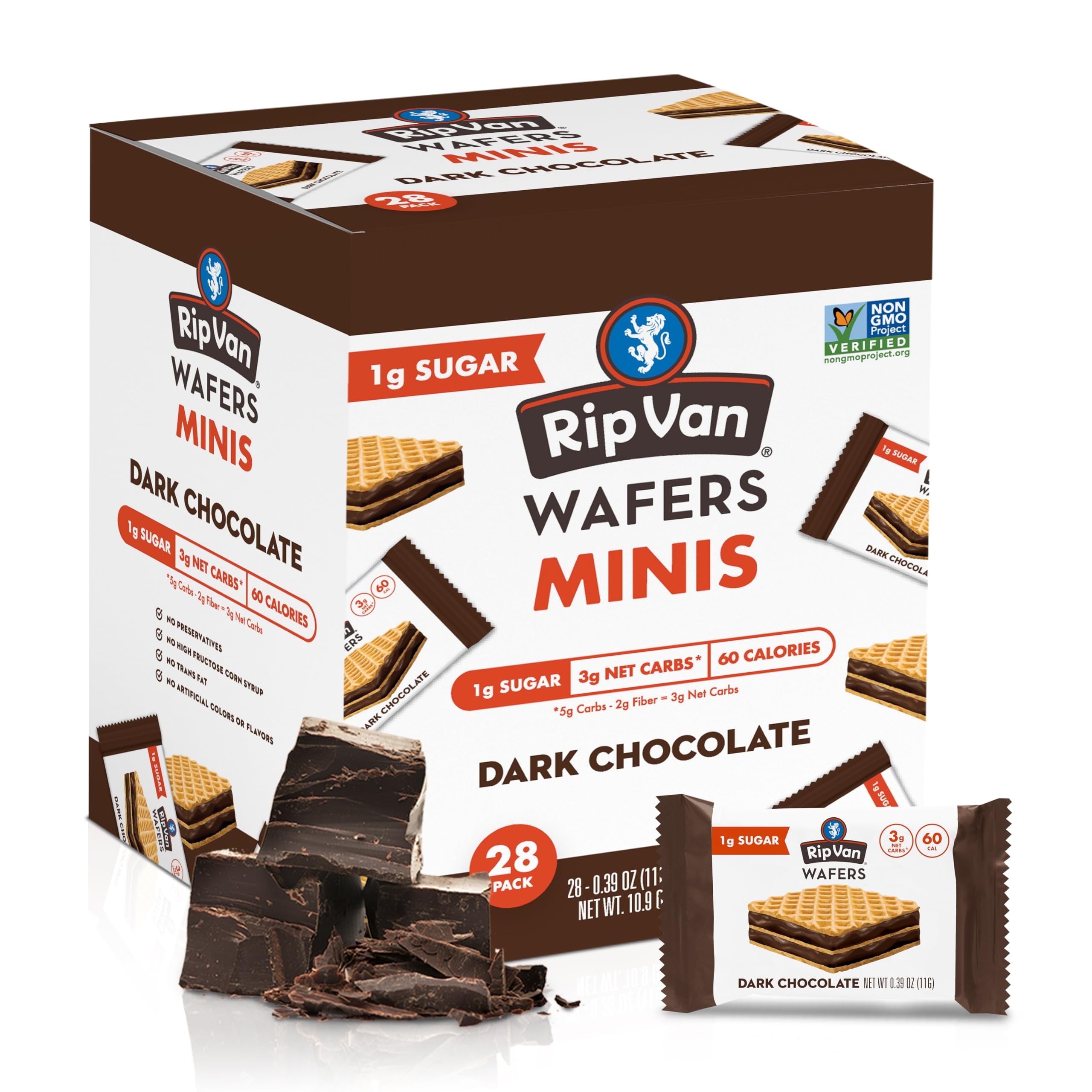 Rip Van Dark Chocolate Mini Wafer Cookies  Healthy Low Sugar  Baked Snack  28 Count
