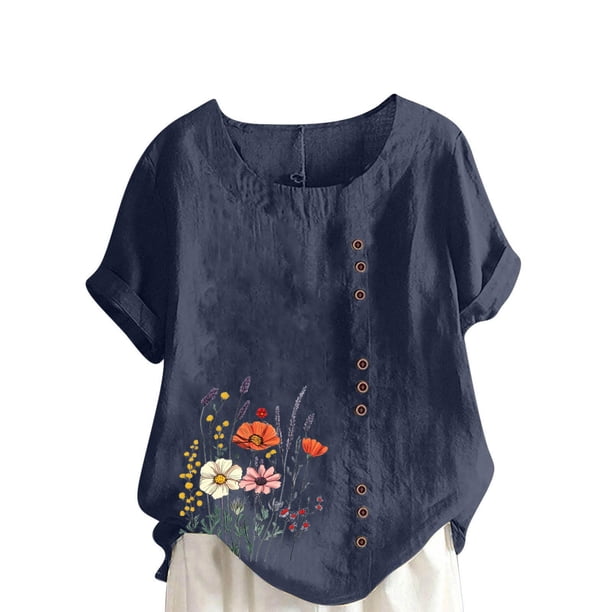 Vestidos Casuales Para Mujer, Blusas De Mujer De Moda Blusa informal de lino con cuello redondo, manga corta y botones para mujer