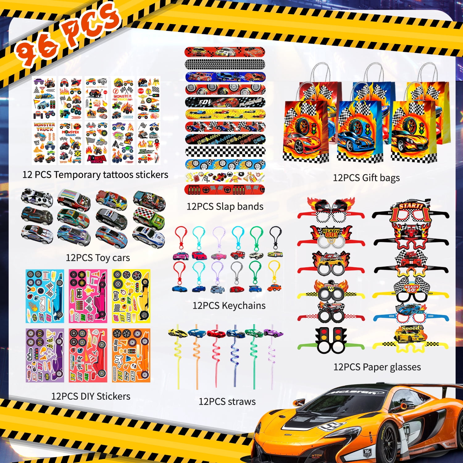 96Pcs Race Car Party Favors, Race Car Birthday Favors Set- Race Car Goodie Bags Key Chains Stickers  3D Puzzle etc Race Car Party Supplies for Race Car Birthday Decorations