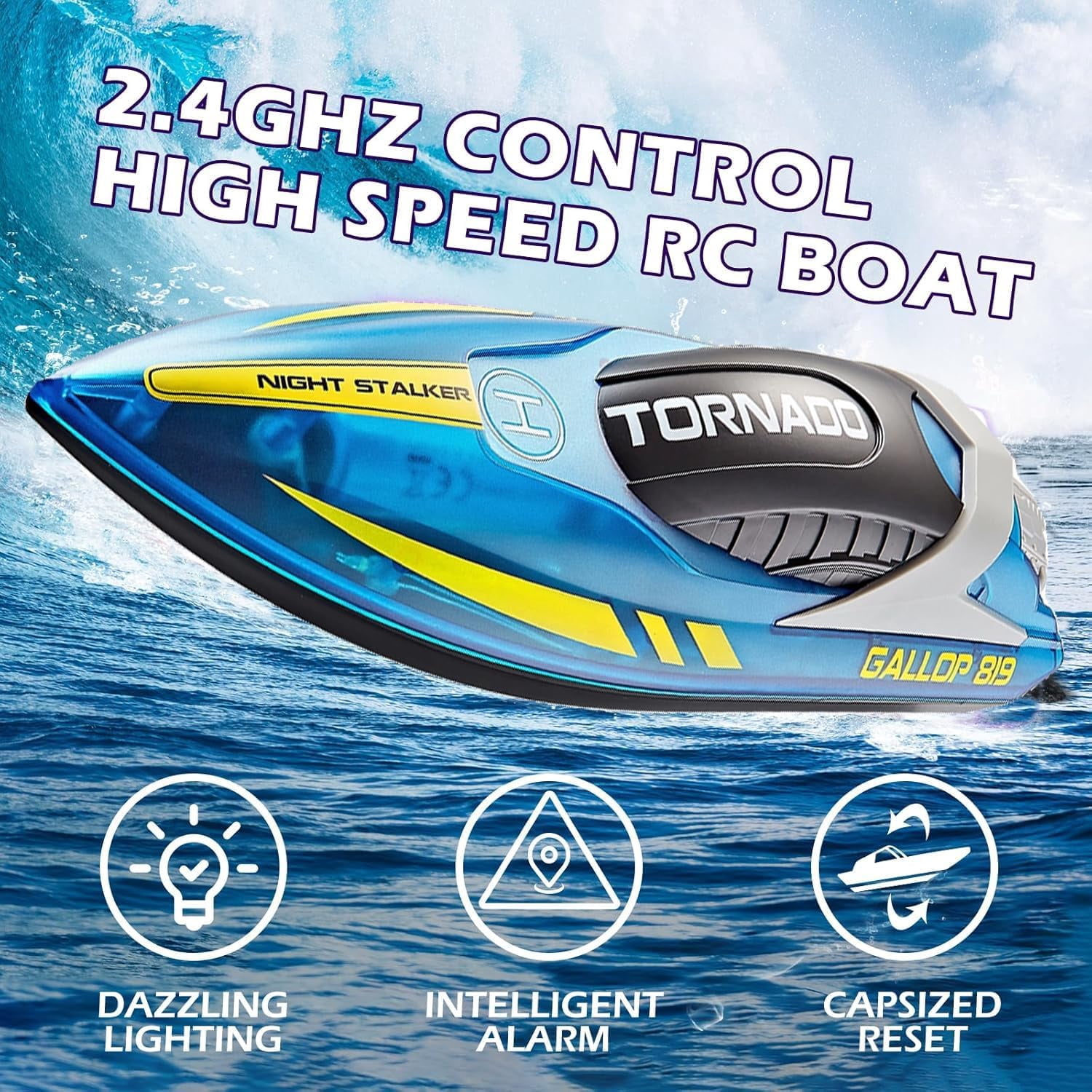 RC Speedboat, Funtogether Toys, with LED Lights, Rechargeable Waterproof Racing Toy for Pools & Lakes