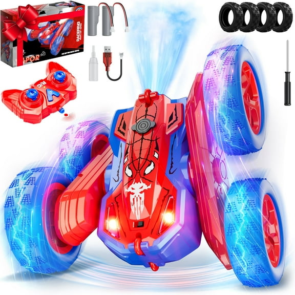 Hot Bee Spider Remote Control Stunt Car for Kids 5-12, 360° Spin RC Car w/ Smokes & Light, Rechargeable Double-Sided 4WD Off-Road Indoor Outdoor Toys, Gift for Boys Girls 5-7 8-12