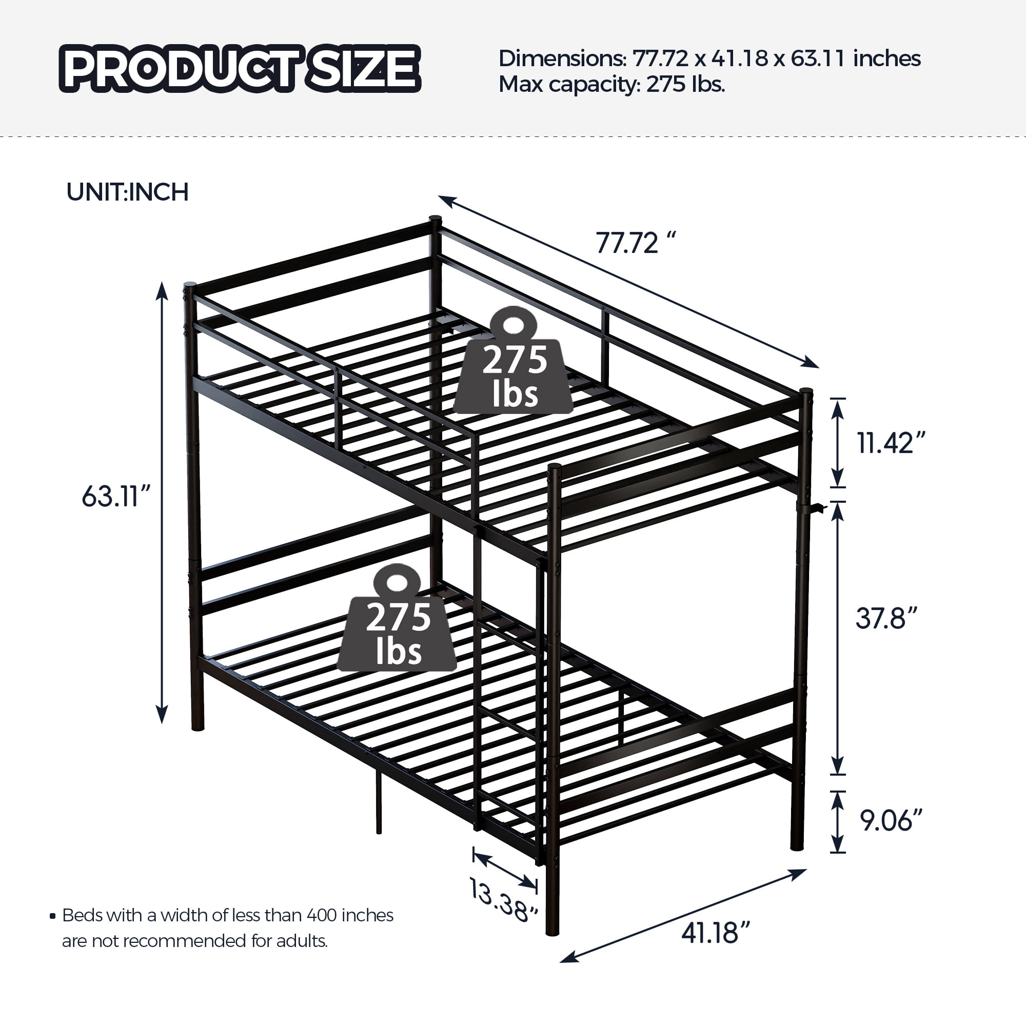 Mintazer Convertible Twin Over Twin Metal Bunk Bed, Separable into 2 Single Twin Beds, Black