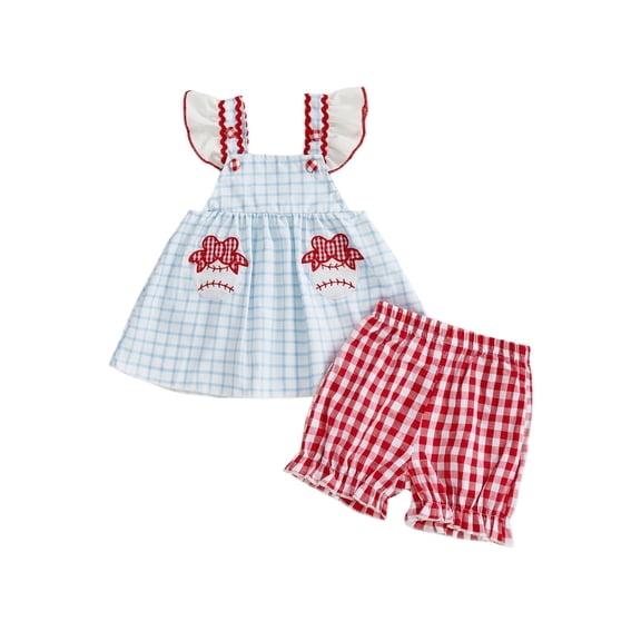 BemeyourBBs Toddler Baby Girls Baseball Outfit Cute Infant Baby Girl Summer Clothes Cute Plaid Baseball Embroidery Tunic Shirt Babydoll Tops with Shorts Set 2Pcs Outfit