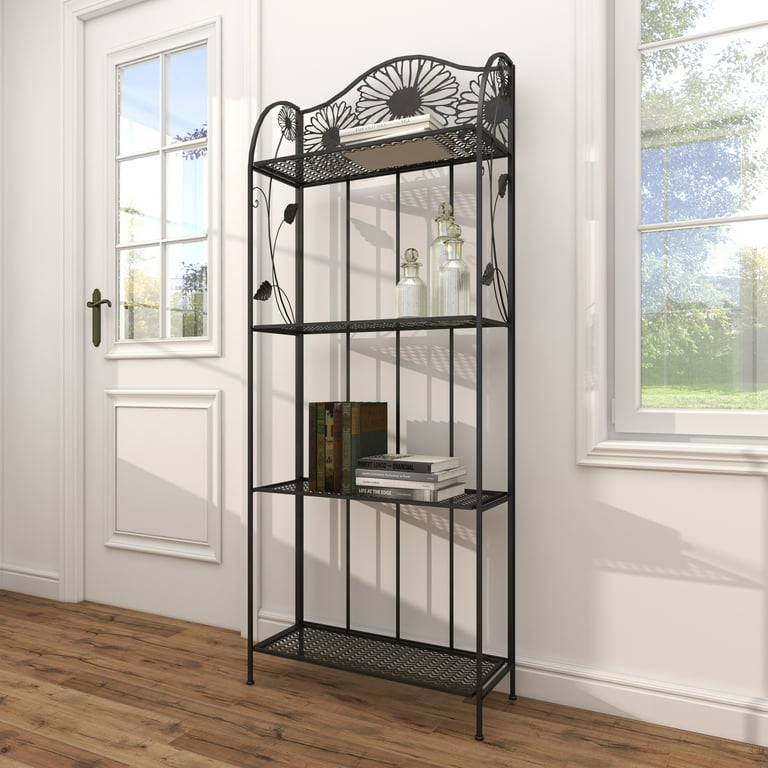 4-Tier Black Metal Baker Rack with Folding Wooden Top Shelves