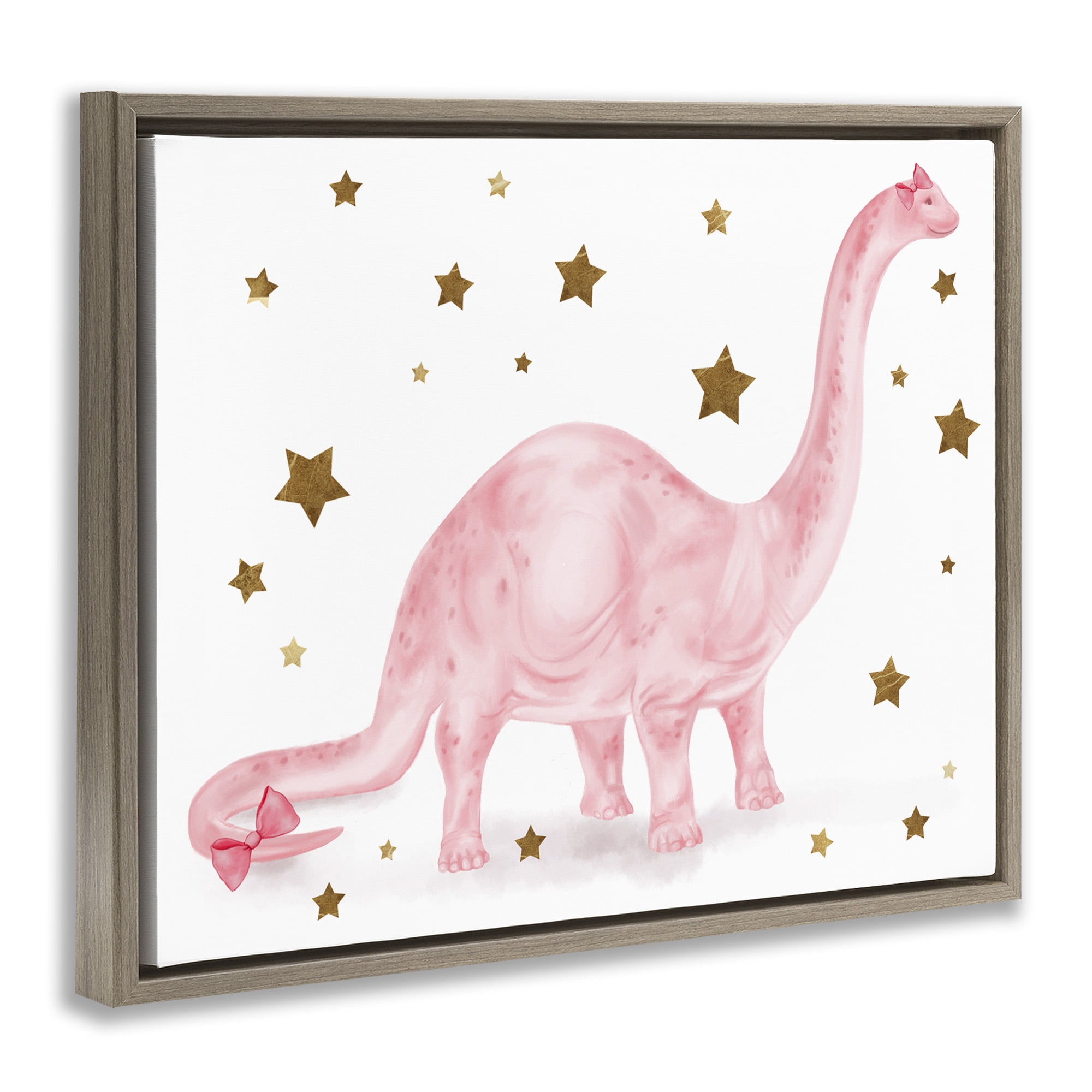 Stupell Industries Pink Dinosaur with Gold Stars Animals & Insects Painting Brown Floater Framed Canvas Art Print Wall Art, 31 x 25