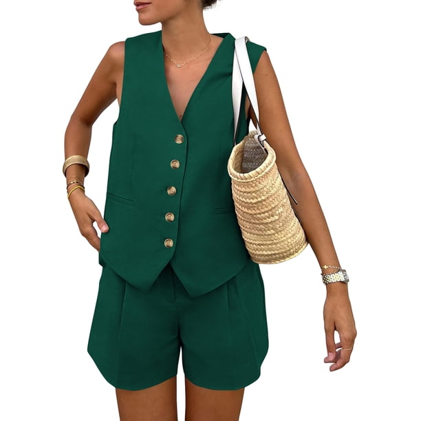 Conjunto de Dos Piezas sin Mangas para Mujer PRETTYGARDEN XXL Verde Oscuro