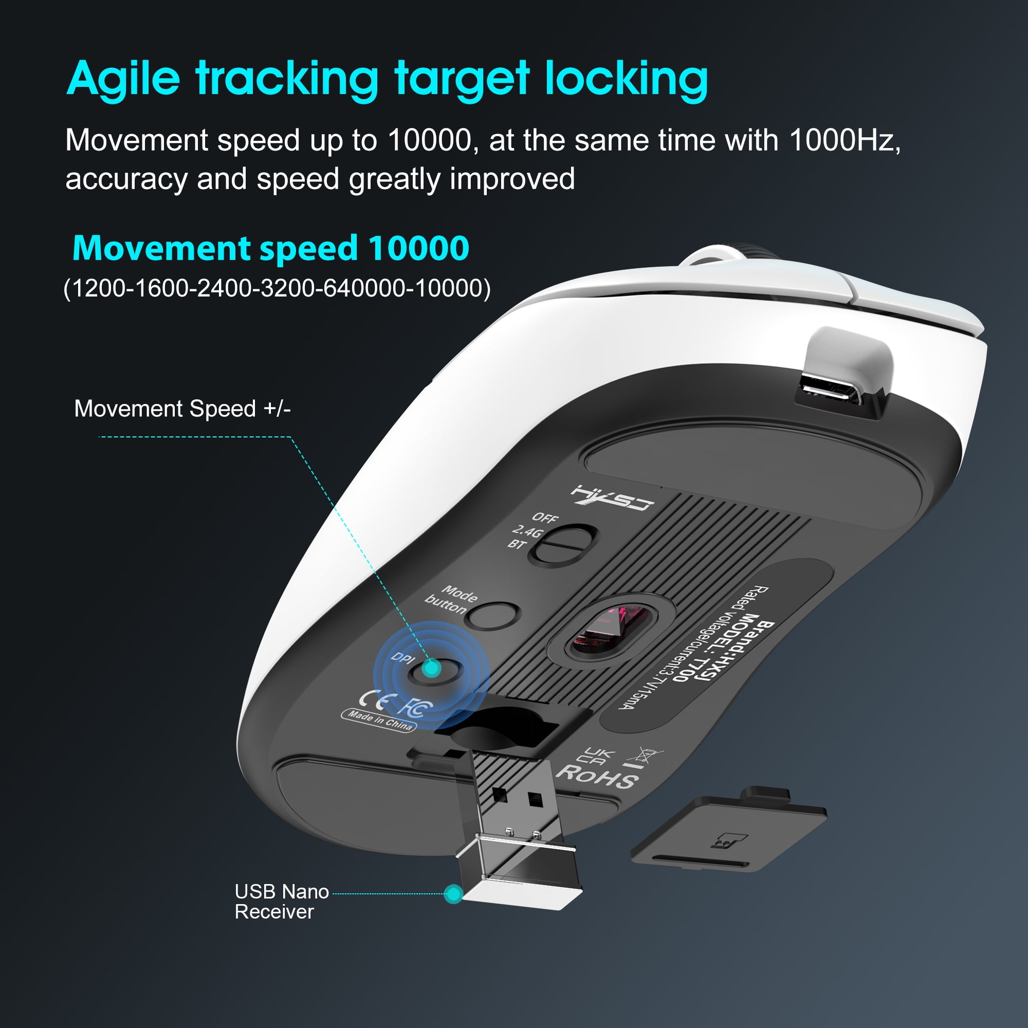 Wireless Gaming Mouse with 57g Lightweight Design,10000DPI,3 Mode USB-C/2.4G/Dual Bluetooth 5.3,Portable Rechargeable Mouse for PC/Mac/Laptop Gamer/White