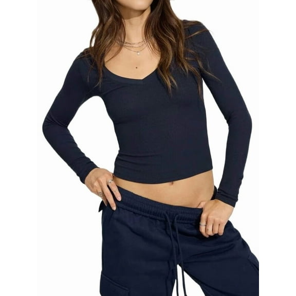 Long Sleeve Shirts for Women 2025 Fall Fashion V Neck Basics Crop Tops Slim Fitted Y2K Tops Outfits Clothes Dark Blue S