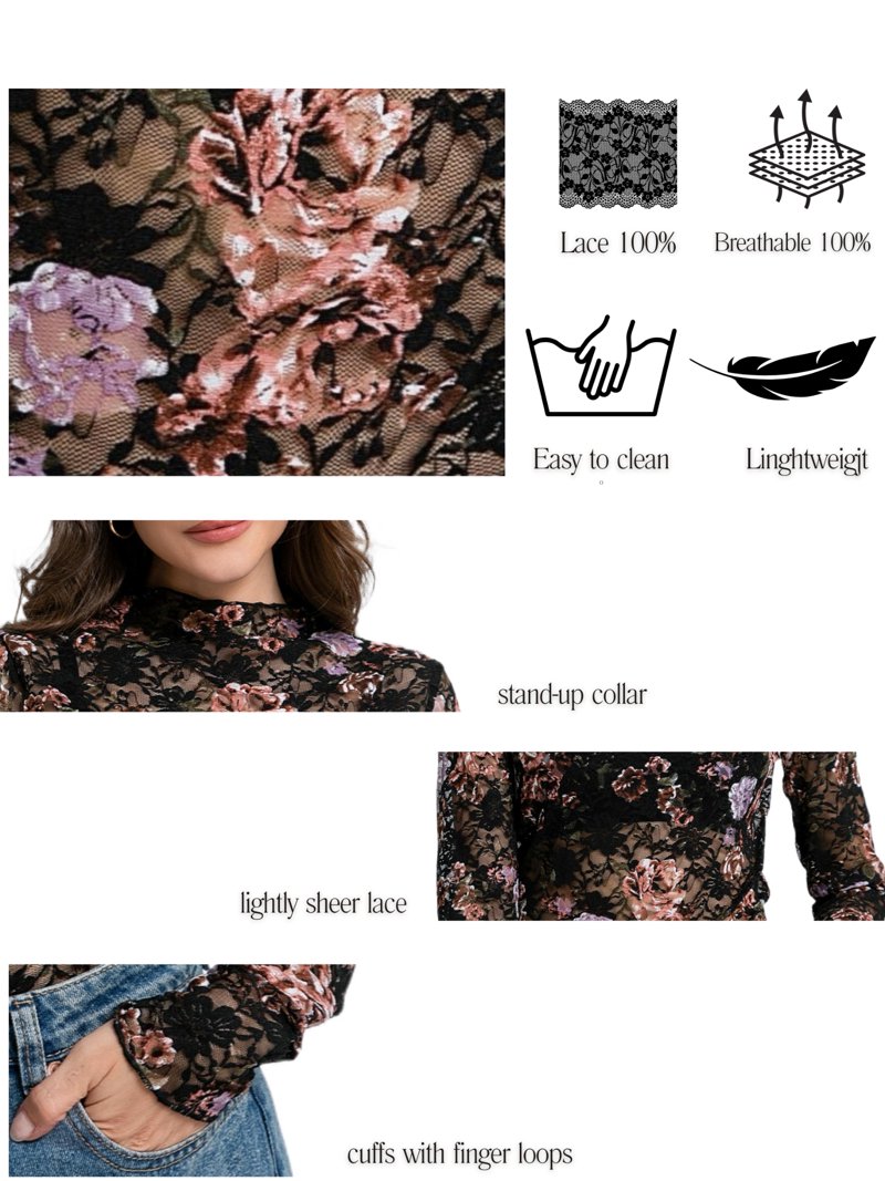 MINTREUS Women's Lace Top, Long Sleeves, Stand Collar, Floral