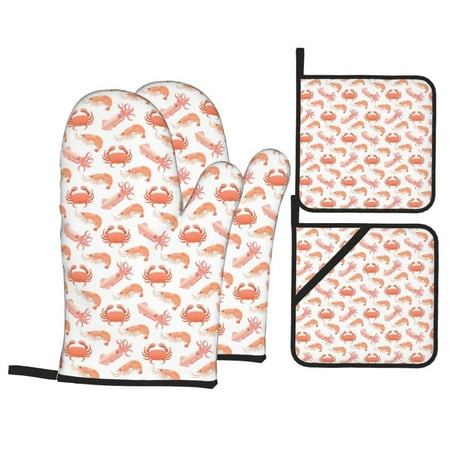 

Oven Mitts and Pot Holders 4 Piece Crab Squid Shrimp High Heat Slip Resistant Oven Mitt and Trivets Set Kitchen Oven Glove Pot Holders for Cooking Baking Grilling