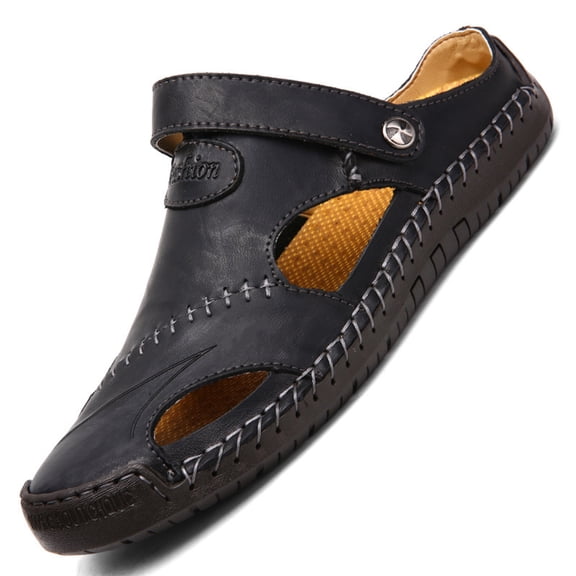 IEMIEMIEM Mens Casual Leather Sandals Summer Beach Slipper Mens Comfort Outdoor Shoes Slip On 2026 Fashion Lightweight Trail Water Sandal Adjustable Black 12 Wide
