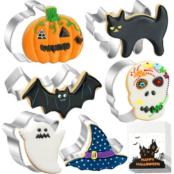 YAMB Halloween Cookie Cutters Set 6pcs - Ghost,Bat,Pumpkin,Witch Hat,Cat,Skull Shapes Stainless Steel Metal Biscuit Molds for Baking or Party Decorations,Holiday Decorative Kitchen Supplies