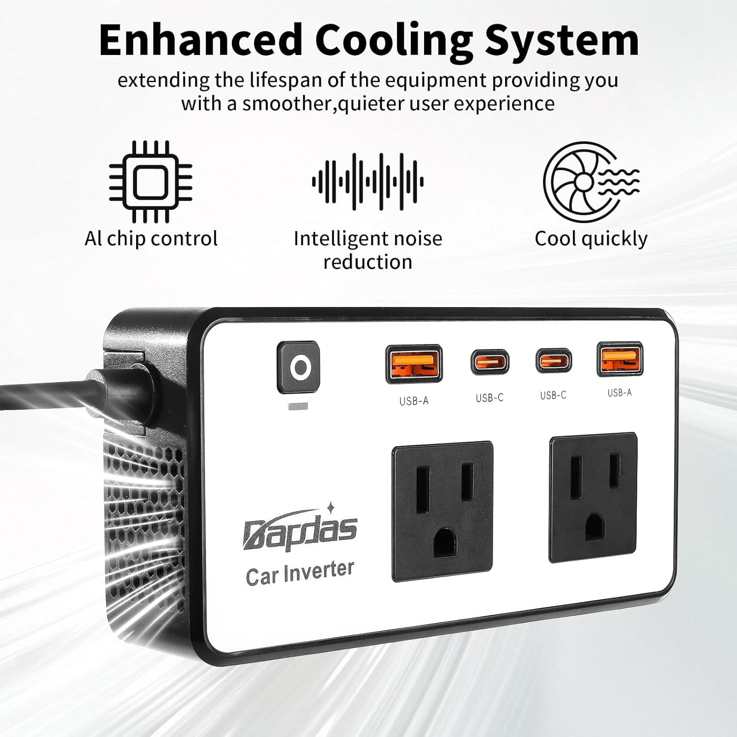 200W Car Power Inverter, DC 12V to 110V AC Car Outlet Adapter Plug, 24W Fast Charging USB-C&USB-A, Portable Charger Converter for Laptops, Phones