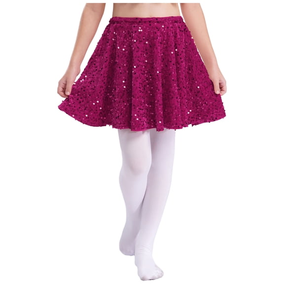 Doomiva Kids Girls Sparkly Sequin Skirt Elastic Waist Ruffle A-Line Velvet Glitter Christmas Party Skirt Dancewear Hot Pink 14