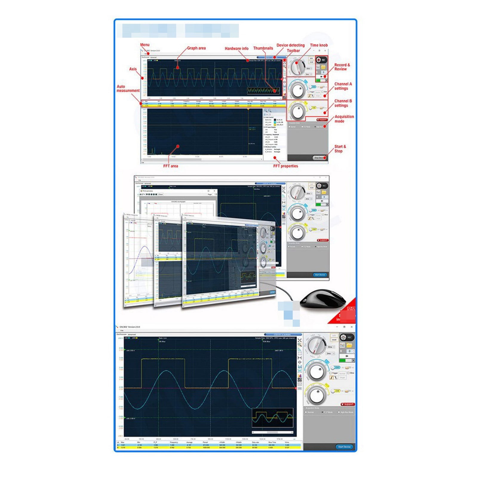 2 CH USB PC Virtual Digital Oscilloscope 20M Bandwidth 50 MSa/s Signal Generator Logic Analyzer