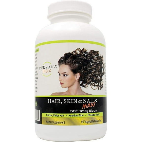 Purvana MAX 5000 mcg Biotin Hair Skin and Nails - 90 Veggie Capsules