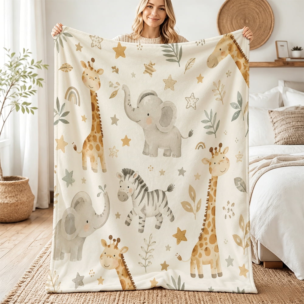 Taplcvy Neutral Safari Nursery Flannel Throw Blanket, Baby Shower Gift, 60" x 80"