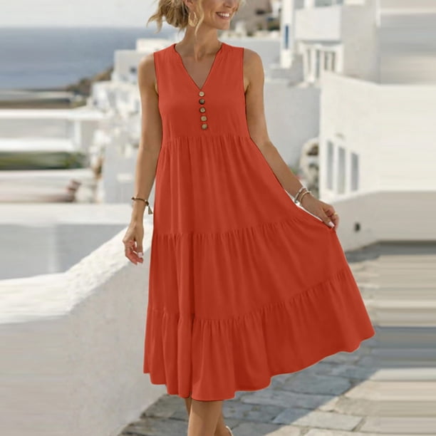 orange dress for bridal shower asdoklhq Mother Of The Bride Dresses Women Elegant Dresses Long Dress Sleeveless V-neck Loose Casual Ruffled Tiered M material: Polyester Beach wedding on the SIZE:XL *FINAL SALE* Ideal for weddings