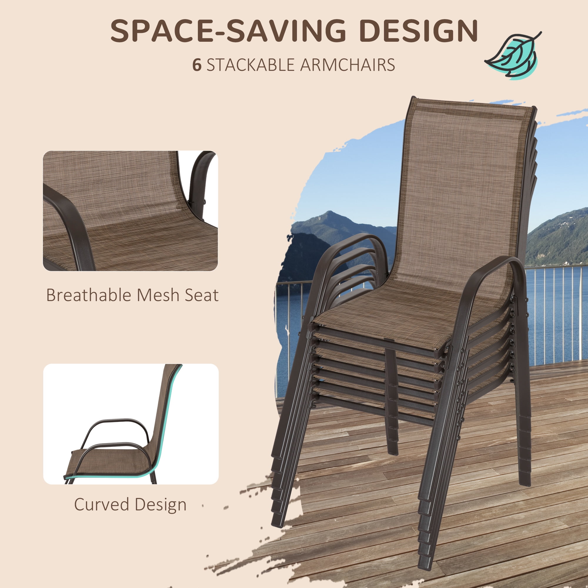 Outsunny 8 Piece Patio Furniture Set with Umbrella, Outdoor Dining Table and Chairs, 6 Chairs, Push Button Tilt and Crank Parasol, Glass Top, Brown
