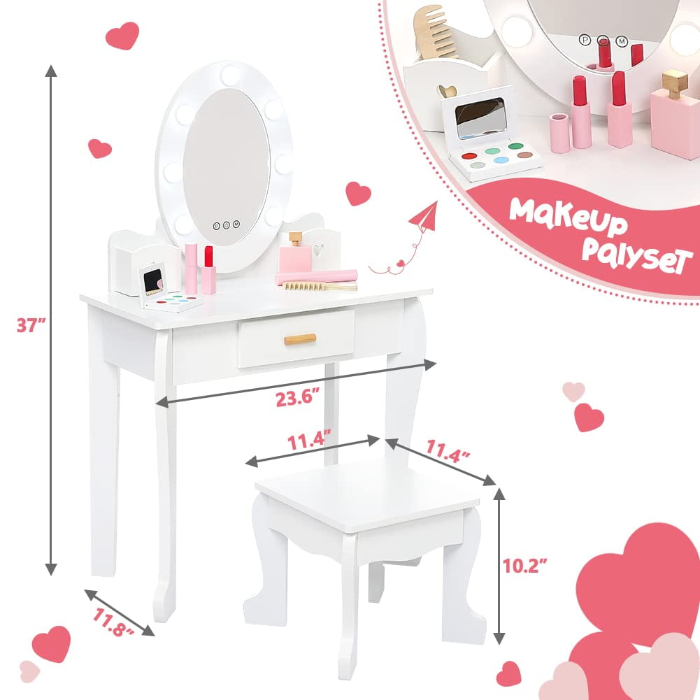 TROPOW Kids Vanity Set with Drawer and Stool, Girls Vanity Set with with Lights and Mirror for Girls, Wood Makeup Playset Birthday for Age 4-9 Years, White