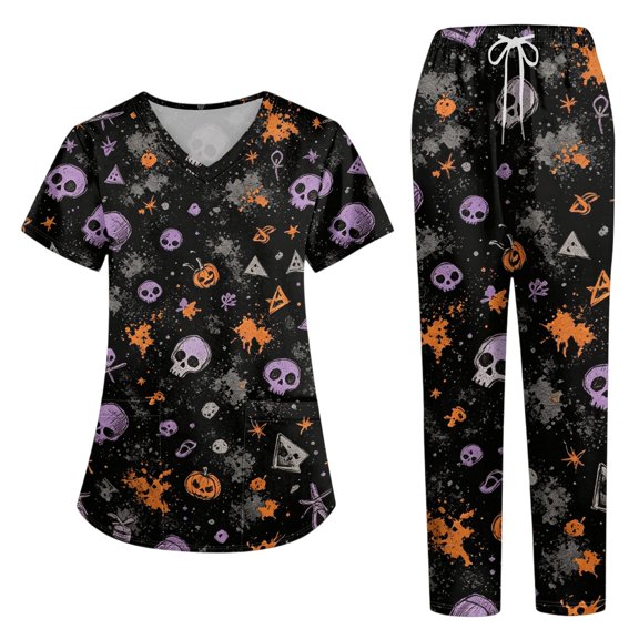 2026 Halloween Women’s Quick Dry Scrub Set, V-Neck Short Sleeve Top & Pants Medical Uniform, Breathable Moisture-Wicking Workwear with Pockets for Nurses & Healthcare Staff, 01-Saffron, S