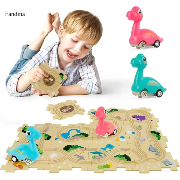 Fandina Adofi Dinosaur Floor Puzzle Car Track Set, 12 Puzzles & 2 Dino Cars, for Toddlers and Kids 3-6 Years