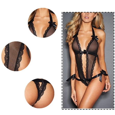 Sexy Lingerie for Women Deep V-neck Backless Halter Womens Underwear Jumpsuit Lace Gauze Erotic Lingerie