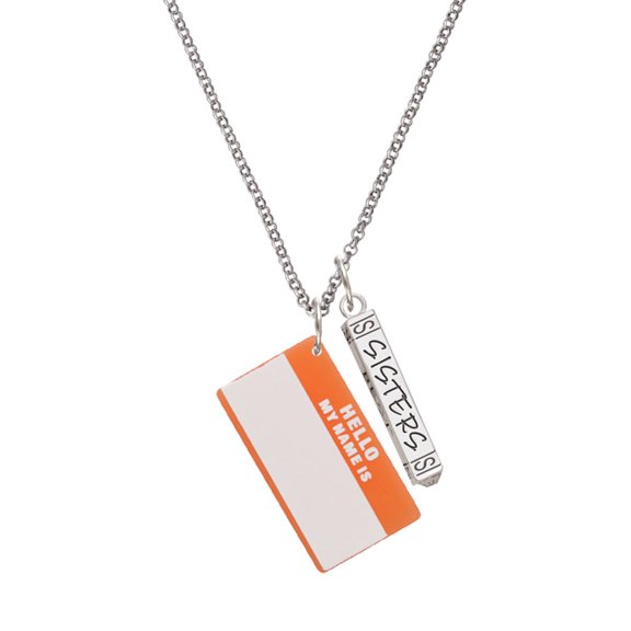 Delight Jewelry Acrylic Orange "Hello" Name Tag Silvertone Sisters Best Friends Forever Bar Charm Necklace, 23"