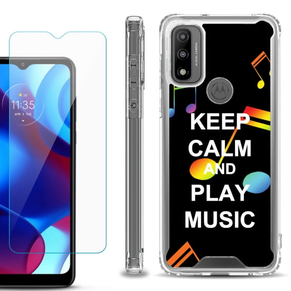 Shockproof Bumper Phone Case for Motorola Moto G Pure, with Tempered Glass Screen Protector, by OneToughShield ® - Keep Calm Music
