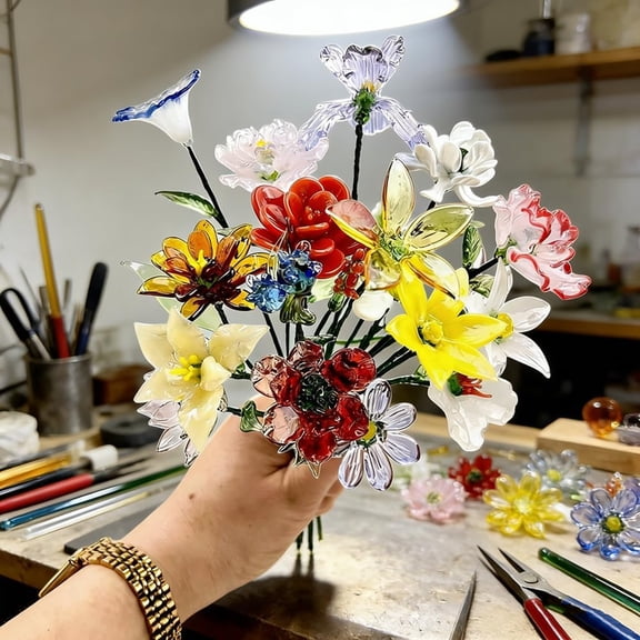 TUWAFE Handmade Glass Birth Month Flower,Bendable Wire Stem,French Pastoral Desktop Decor,Birthday Gift for Mom Women,Home Office Vase(May-Lily of the Valley(Handmade Glass Birth Month